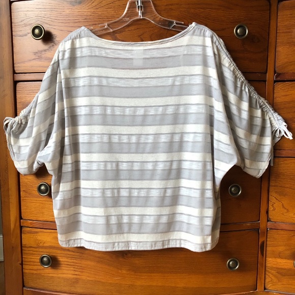 Tie Sleeve Cropped Shirt Semi Sheer Top Grey Cream - Picture 6 of 7